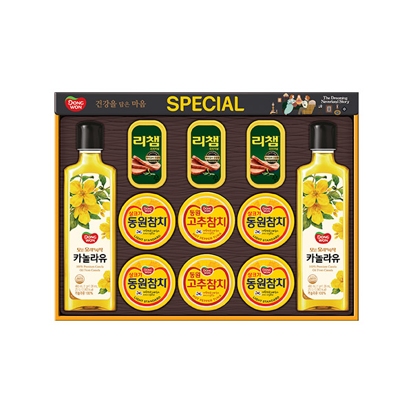 [26년설 동원선물세트] 동원 스페셜 O-87호 (라이트스탠다드 85g 4캔 + 고추참치 85g 2캔 + 리챔 오리지널 120g 3캔 + 카놀라유 480ml 2병)