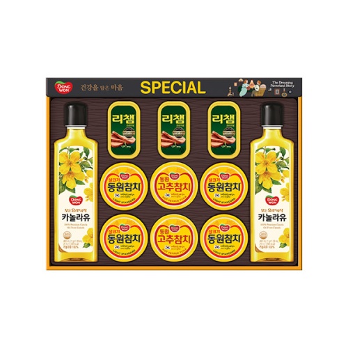 [26년설 동원선물세트] 동원 스페셜 O-87호 (라이트스탠다드 85g 4캔 + 고추참치 85g 2캔 + 리챔 오리지널 120g 3캔 + 카놀라유 480ml 2병)