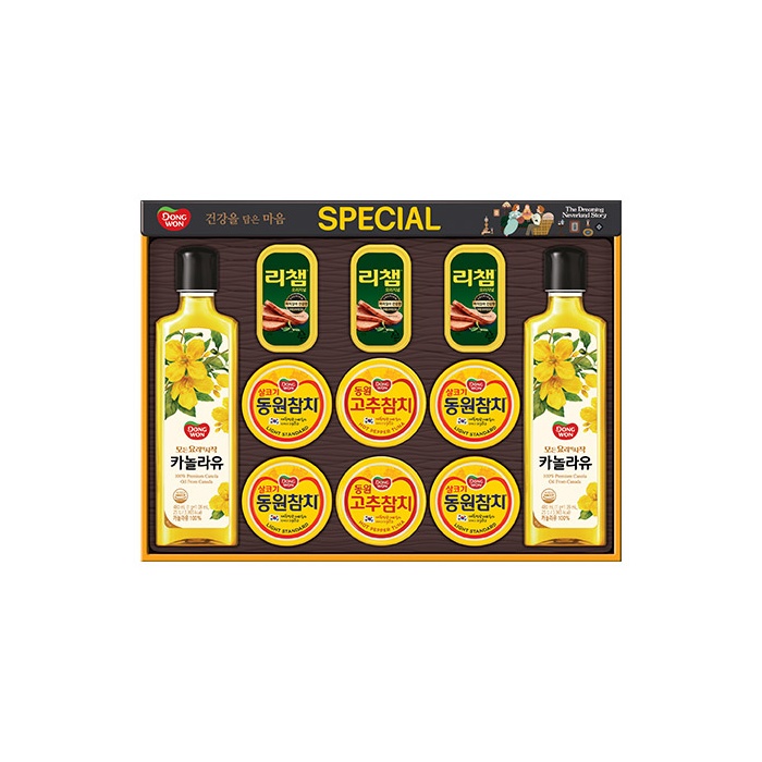 [26년설 동원선물세트] 동원 스페셜 O-87호 (라이트스탠다드 85g 4캔 + 고추참치 85g 2캔 + 리챔 오리지널 120g 3캔 + 카놀라유 480ml 2병)