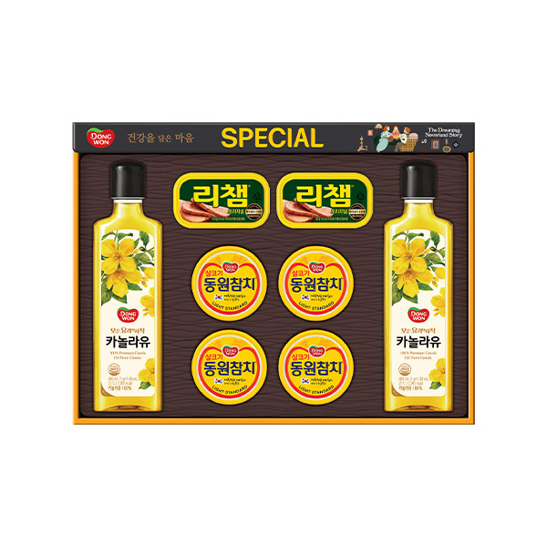 [26년설 동원선물세트] 동원참치 O-85호 (라이트스탠다드 참치 85g 4캔 + 리챔 120g 2캔 + 카놀라유 480ml 2병)